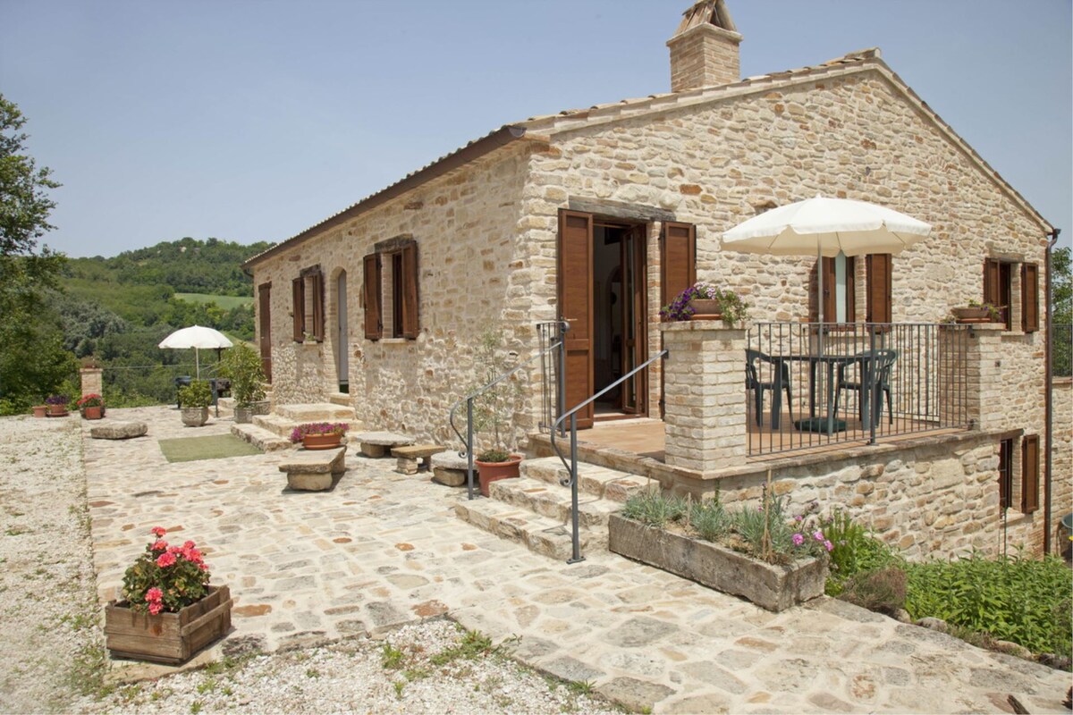 The exterior of a rustic stone house is showcased, featuring a spacious terrace furnished with a table and chairs under a large umbrella. Flower pots add color to the entrance, while the surrounding landscape includes gentle hills and greenery.