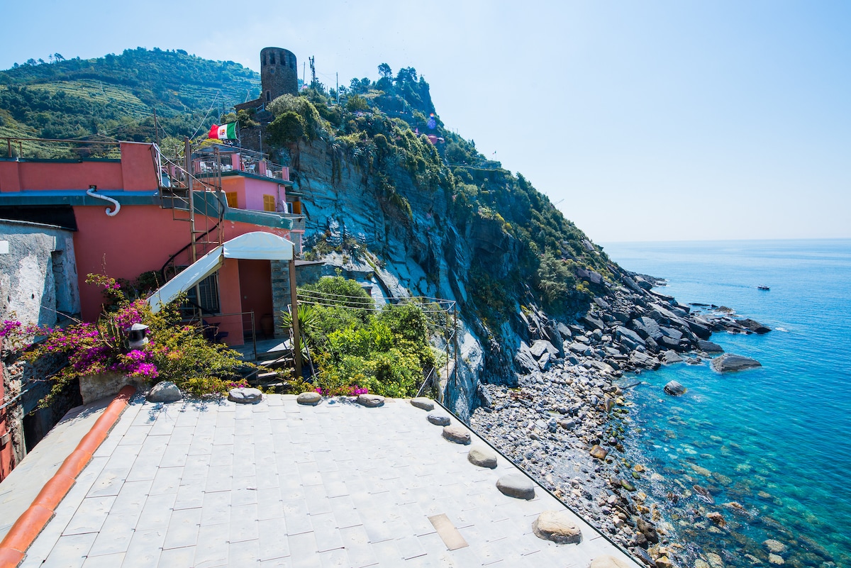 A scenic coastal view is captured, showcasing rugged cliffs descending to the calm sea. The colorful building is situated near the shoreline, framed by vibrant greenery and flowering plants. A historic tower is visible on the hillside, adding character to the landscape.
