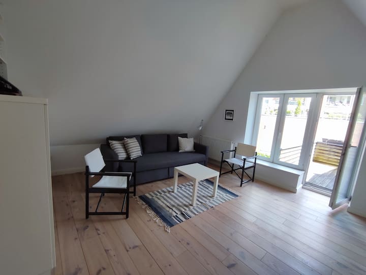 Votre salon au 1er étage avec des armoires encastrées blanches, de hauts couvertures, un poste de travail généreux et une sortie sur la terrasse en bois. Le canapé-lit est extensible à un lit de 1,40 x 2,00 m, ce qui permet à 6 personnes de dormir dans la maison. 