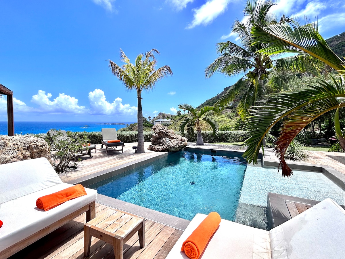 A refreshing swimming pool is surrounded by a wooden deck featuring lounge chairs with orange towels. Lush palm trees sway gently in the breeze, and the vibrant blue ocean stretches out in the background under a clear sky dotted with a few clouds.