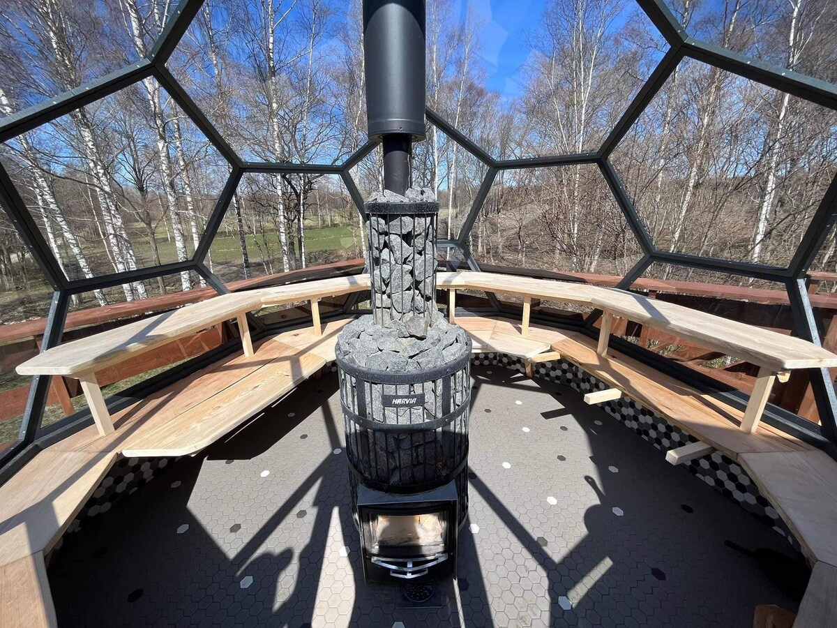 A geodesic structure features a central stone hearth surrounded by wooden benches, providing ample seating. Large hexagonal windows allow for views of the surrounding nature, letting in natural light and creating a spacious, open atmosphere.