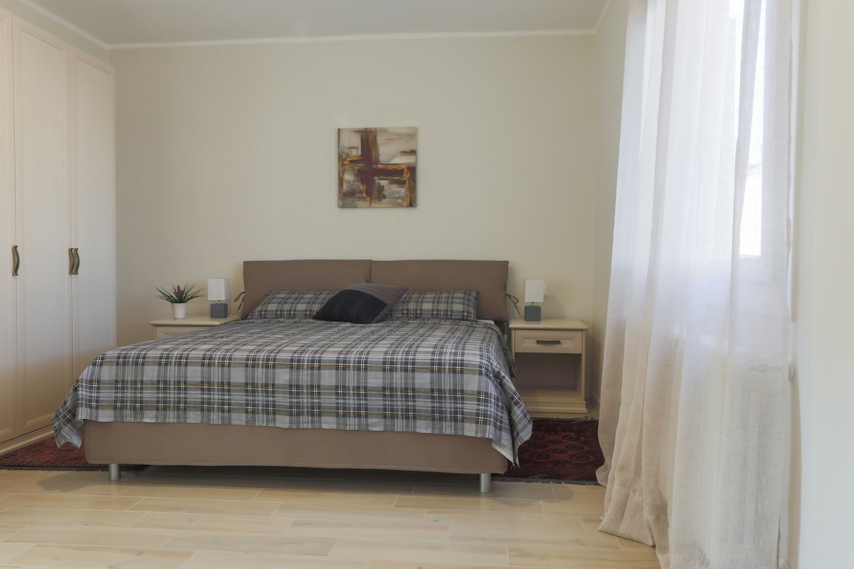 A cozy sleeping area is presented, featuring a spacious bed dressed in a plaid blanket. Nightstands with lamps are positioned on either side, while a small plant adds a touch of greenery. Soft curtains allow natural light to filter through a nearby window.