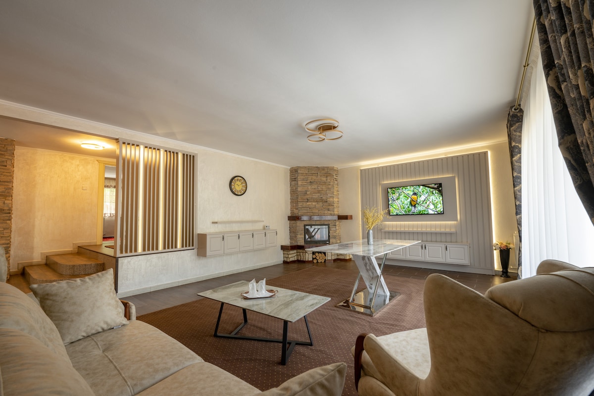 A light-filled living area features a comfortable seating arrangement, complemented by a coffee table and decorative elements. A modern fireplace adds warmth, while a large window provides a view of the outdoors. Textured walls enhance the space's inviting design.