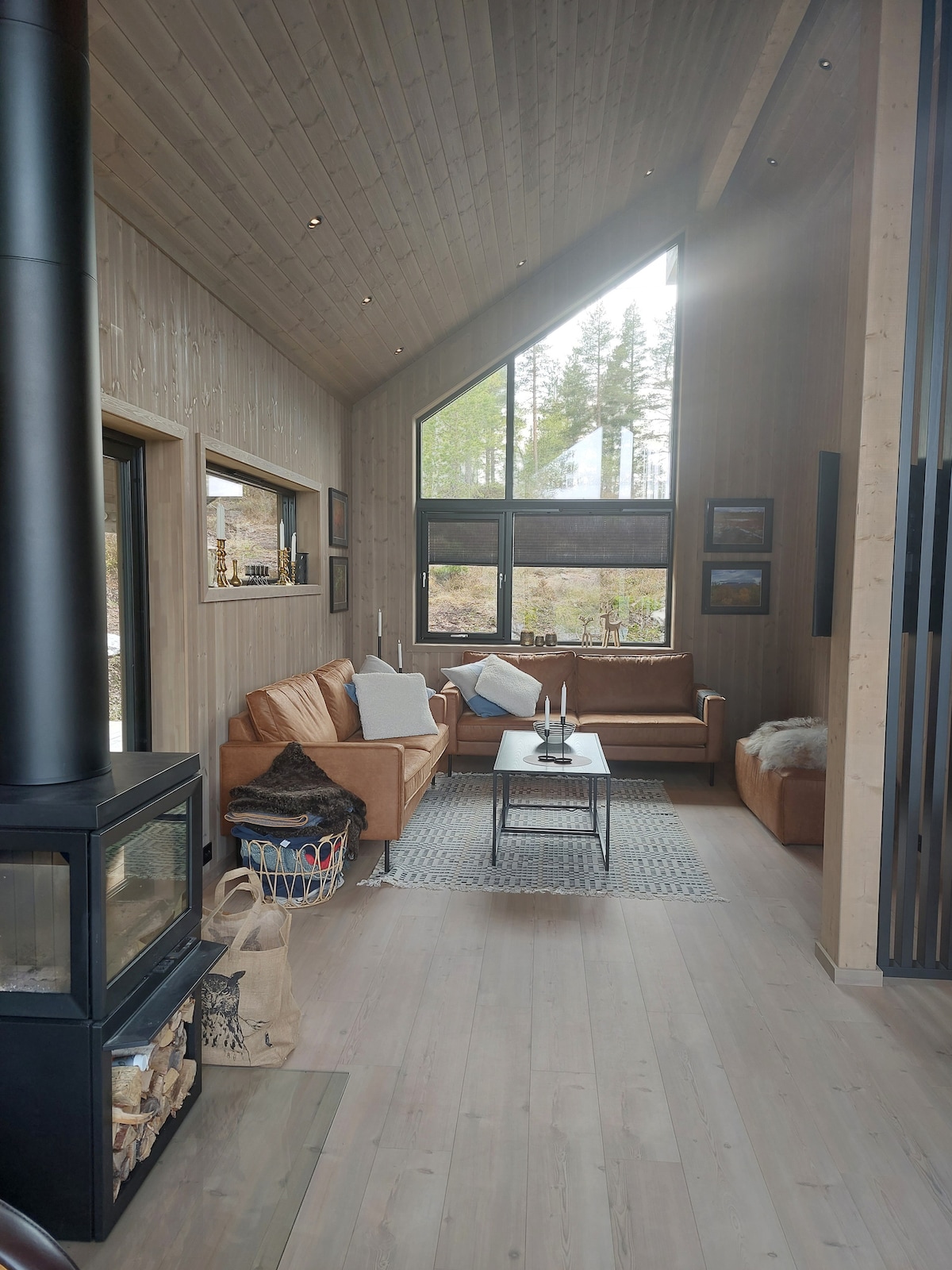 A spacious living area features large windows that frame views of the surrounding forest. Comfortable seating is arranged around a central coffee table, with a cozy area rug underfoot. A modern fireplace adds warmth to the room, complemented by natural wood paneling and soft lighting.