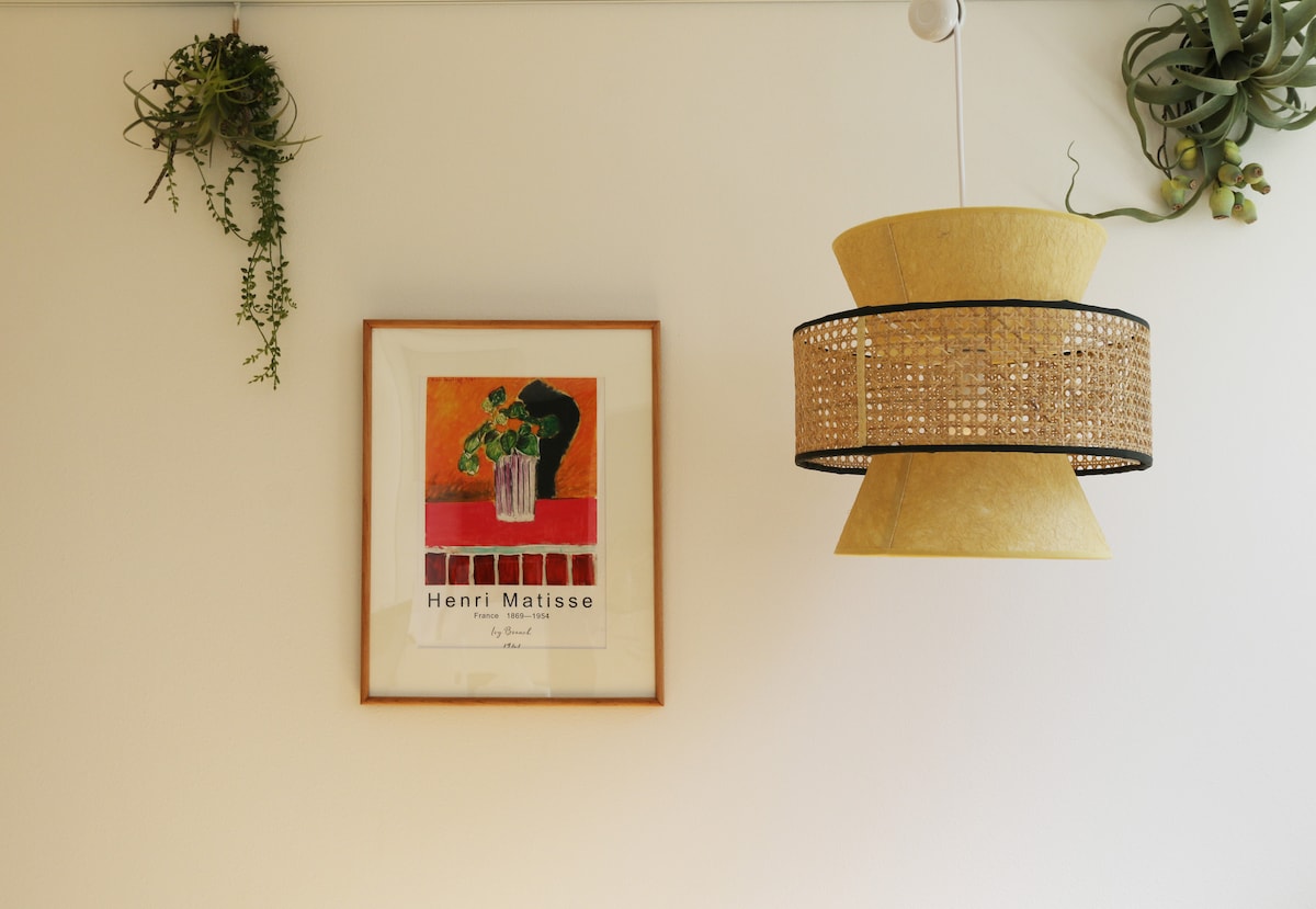 A vibrant art piece by Henri Matisse is displayed in a wooden frame, showcasing a still life with flowers. Above, a unique light fixture features a woven design, complemented by greenery from hanging plants that add a touch of nature to the decor.