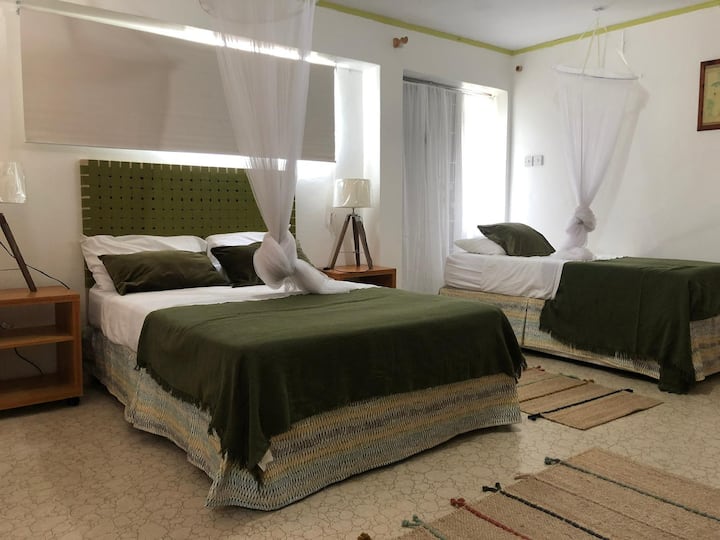 Chambre : 1 lit double et 1 lit simple avec moustiquaires