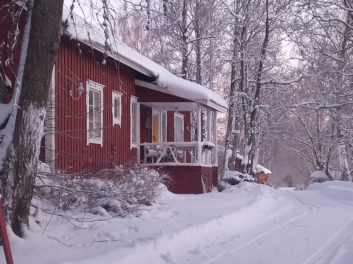 A cozy red cottage is framed by snow-covered trees, with snow blanketing the pathway leading to the porch. The structure features white-trimmed windows and a wraparound veranda, creating a serene winter scene in a tranquil rural setting.
