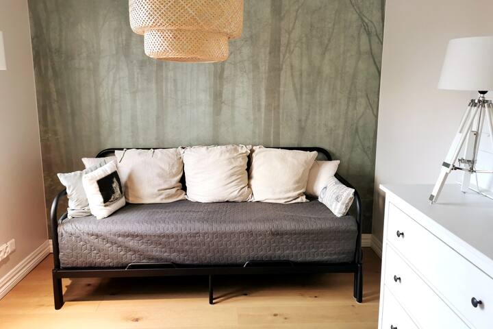 Spavaća soba u prizemlju s pristupom iz dnevnog boravka. Kauč na razvlačenje 160 x 200 cm. U prostoriji se nalazi čaša vrata knjižnice kroz koja možete navući zavjese sa strane prostorije.