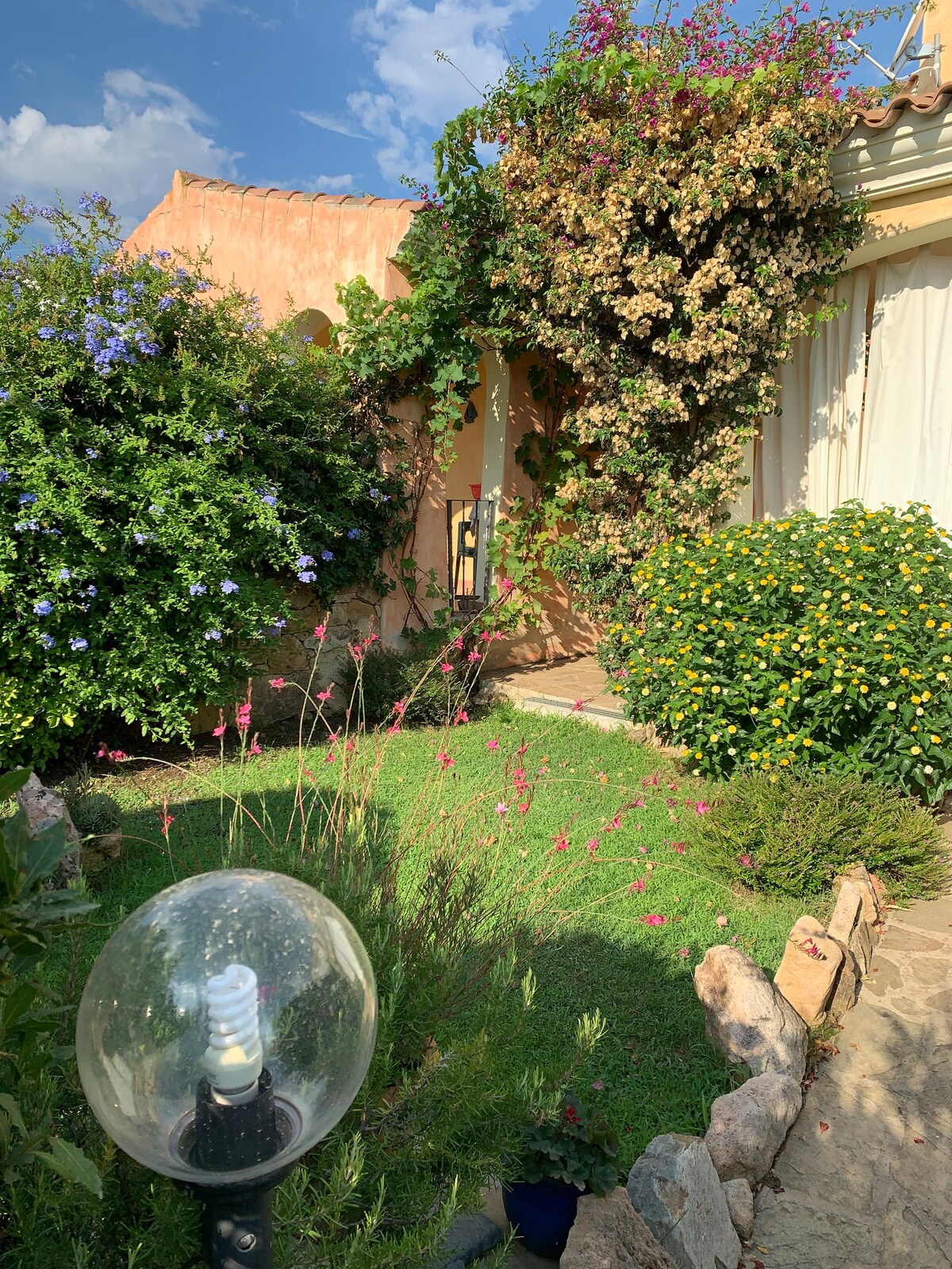 Lush greenery surrounds a pathway leading to a welcoming entrance. Colorful flowering plants and a blooming vine are featured, complementing the soft architectural details of the building. A decorative light bulb is positioned on a stone base, enhancing the peaceful outdoor setting.