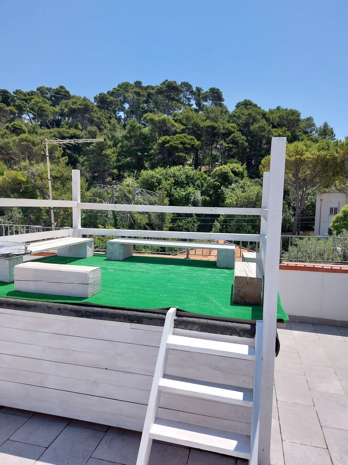 A rooftop terrace is presented with a bright green carpet and white wooden seating arrangements. A wooden ladder leads to the elevated platform. Lush greenery from nearby trees creates a natural backdrop, enhancing the outdoor space's inviting character.