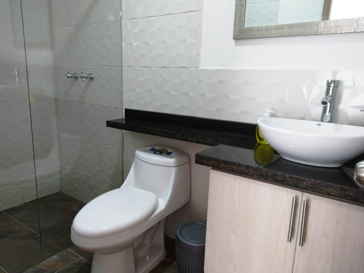 The bathroom features a modern design with textured wall tiles. A glass shower enclosure stands adjacent to a white toilet. A dark countertop holds a round basin and small toiletries. A grey waste bin is positioned next to the cabinet.