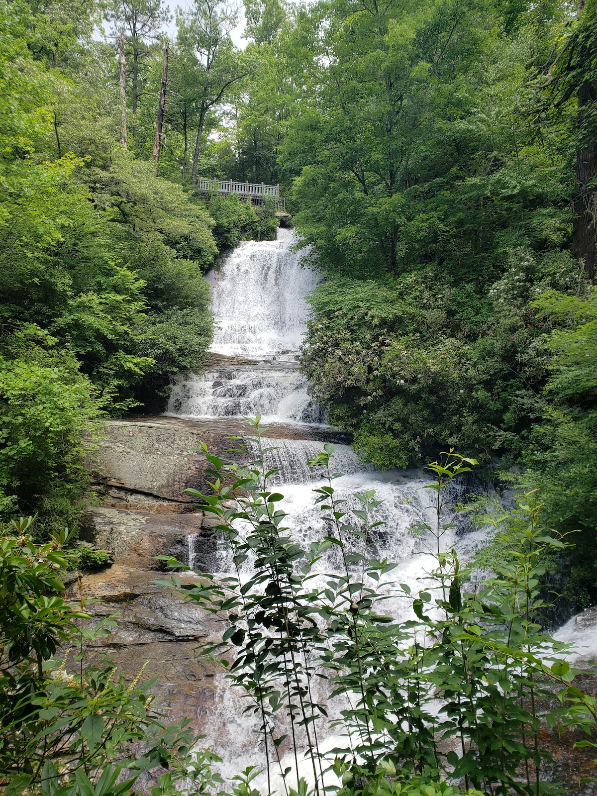 A cascading waterfall is surrounded by dense green foliage and trees. Water flows down multiple tiers of rocky ledges, creating a serene natural setting. The sound of water can be imagined as it tumbles over the stones, with a bridge visible in the background.
