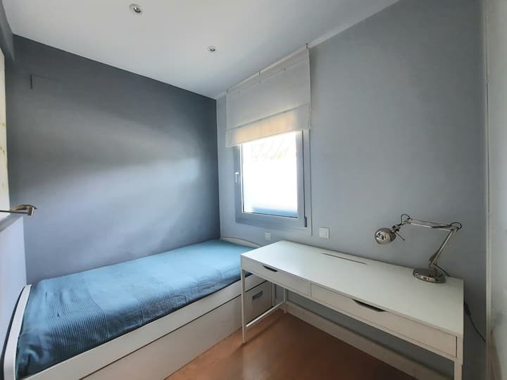 Соба со единечен кревет, работна маса,  голем вграден плакар и природна светлина.