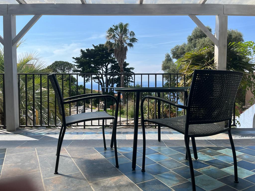 A terrace features a table and two black chairs, framed by lush greenery and palm trees. The view towards the horizon includes glimpses of the sea, with a clear blue sky overhead. The tiled floor adds texture to the outdoor space.