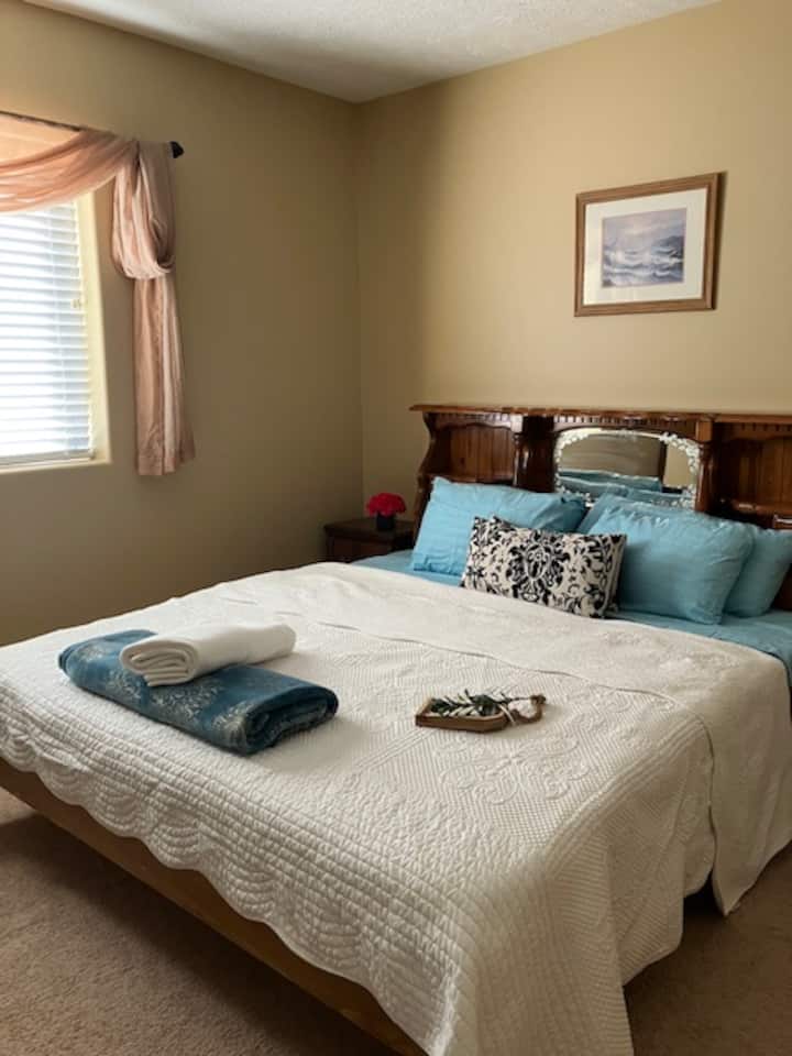 Ეს არის ჩვენი #3 საძინებელი დაბლა, დიდი საწოლი სამუშაო სივრცითა და სააბაზანოთი