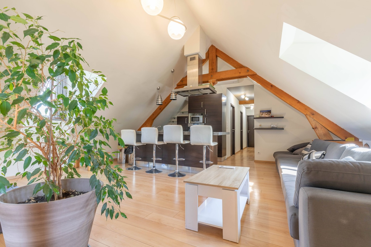 An inviting attic living area features a modern kitchen with a bar seating arrangement and sleek appliances. A comfortable sofa and coffee table occupy the space, complemented by a potted plant. Exposed wooden beams and large skylights enhance the room's airy feel.