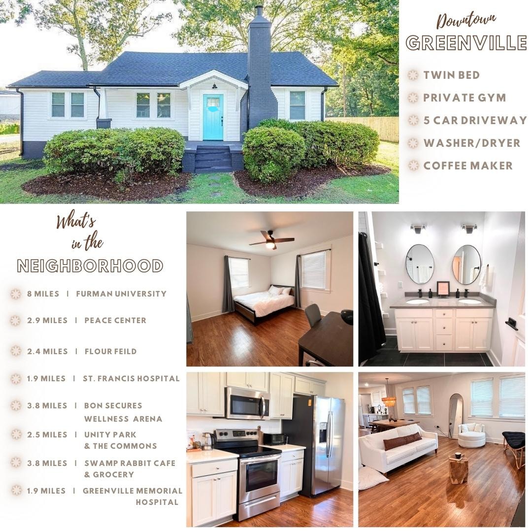 A charming one-story home is set on a lush green lawn, showcasing a welcoming front entrance. Large windows allow natural light to illuminate the fresh interior design. A modern kitchen features stainless steel appliances, while the living area offers comfortable seating arranged around a coffee table.