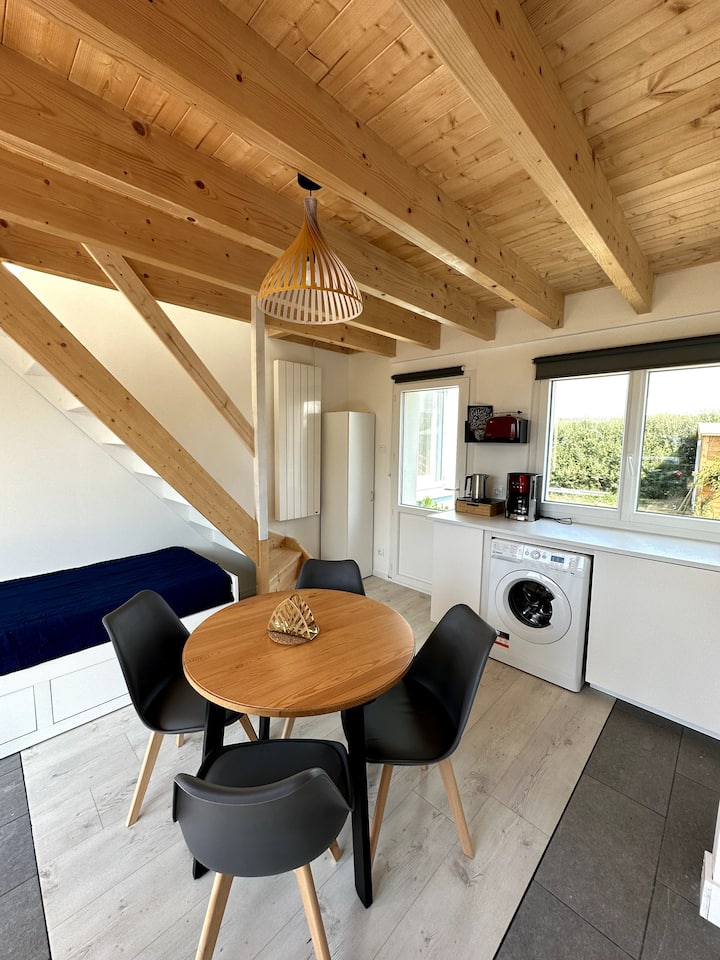 La pièce principale avec une vraie cuisine, un lave-linge et un lit d'appoint.