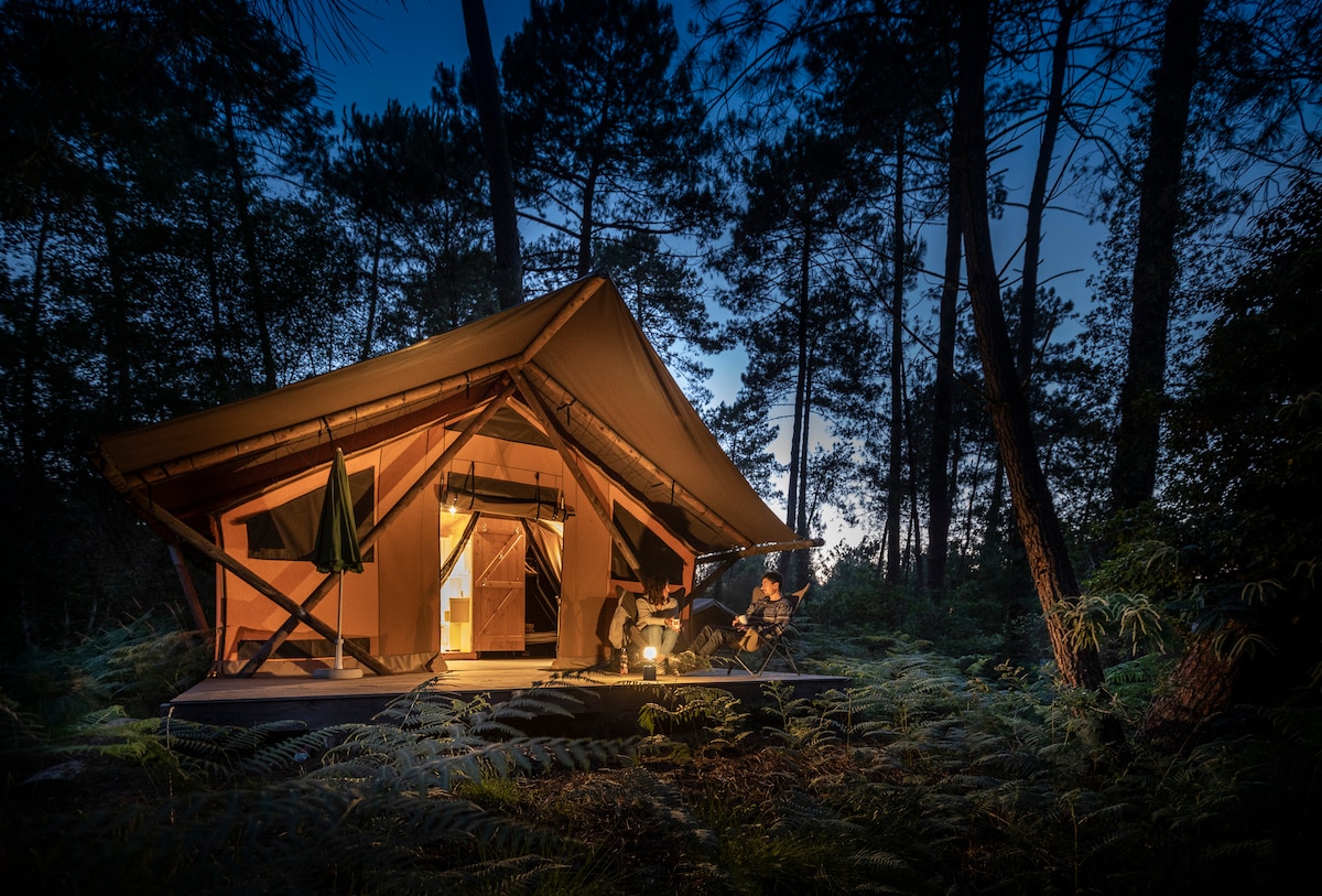 A spacious tent is set among tall trees at dusk, with warm light emanating from inside. A person is seated outside in a chair, surrounded by lush vegetation, creating a serene and inviting outdoor environment.