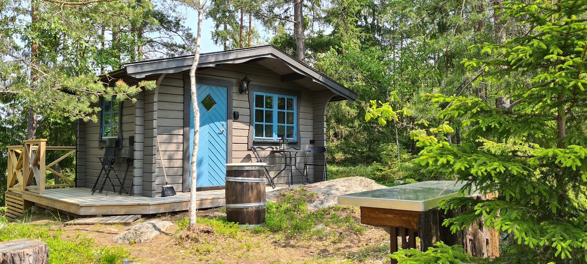 A newly renovated mini house is surrounded by greenery, featuring a light blue door and six windows. An outdoor deck with two chairs is visible, alongside a wooden barrel. The area is tranquil, set within a forested landscape.