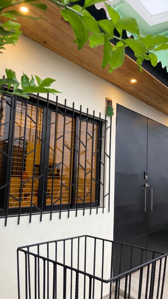 The image displays the entrance of a modern home, highlighting a large black door with sleek handles. A decorative grid adorns the window, providing security and style. Soft lighting is visible under the eaves, and greenery is framed in the foreground.