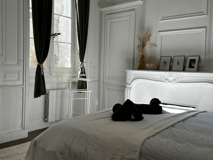 Cette chambre élégante, baignée de lumière grâce à de grandes fenêtres, est décorée dans des tons neutres. Les moulures classiques, la cheminée ornée et les rideaux sombres ajoutent une touche de raffinement. L'ambiance est sereine et reposante.