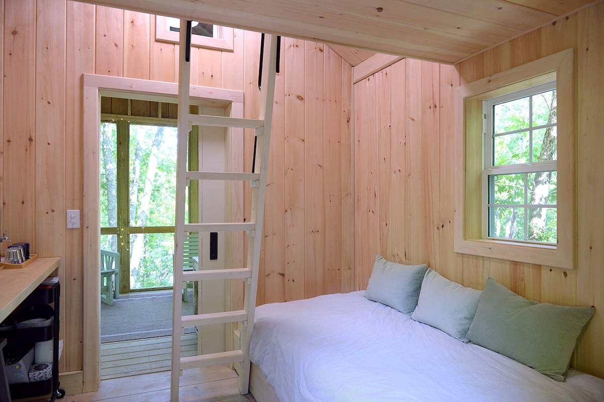 A wooden cabin interior features warm, natural wood paneling. A spacious bed with light blue pillows is set against one wall, while a sturdy ladder leads to a sleeping loft above. Two windows allow natural light to fill the room, with a glimpse of the screened porch visible through the door.