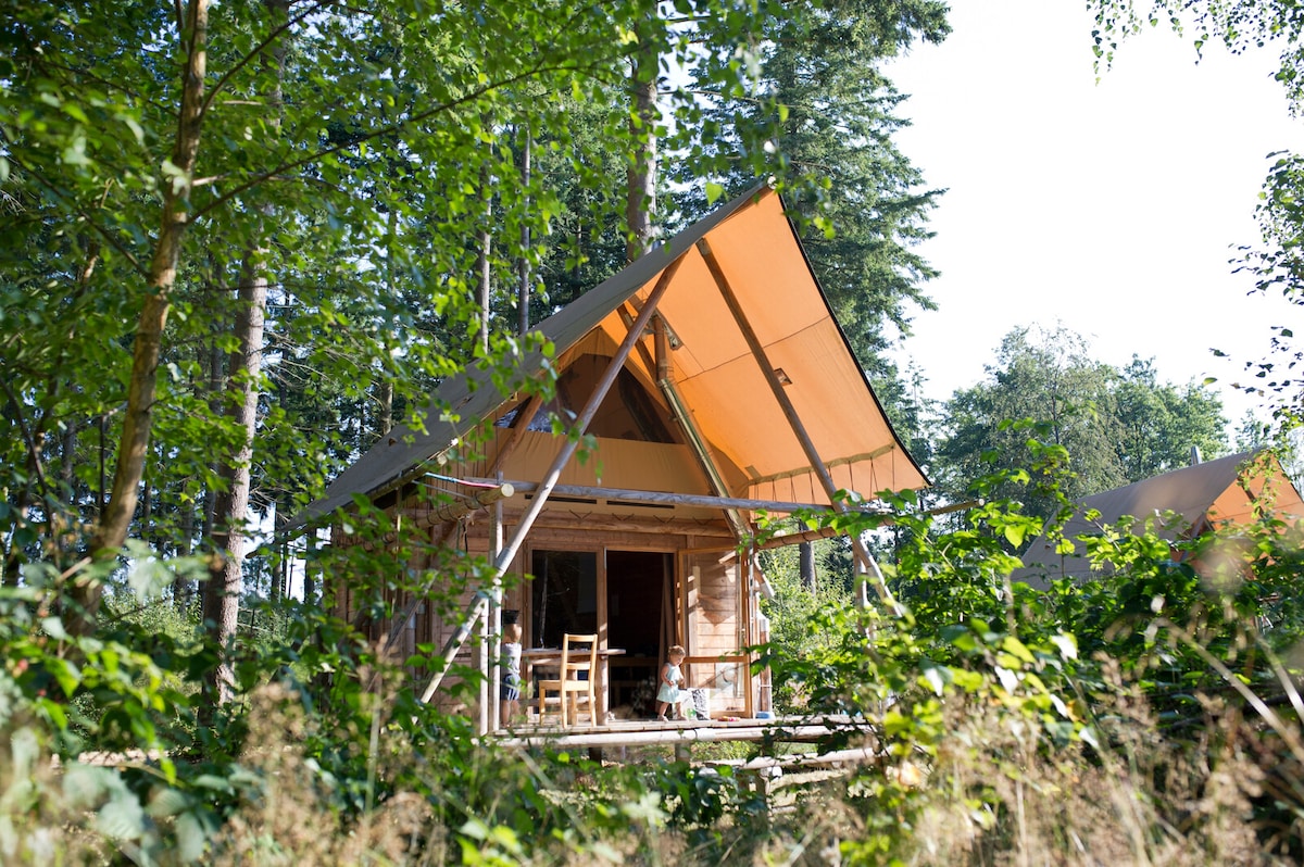 A wooden cabin is positioned among lush green trees, featuring an angled roof and large front porch. Natural light filters through the canvas tent above, creating a harmonious blend of nature and comfort in the tranquil forest setting.