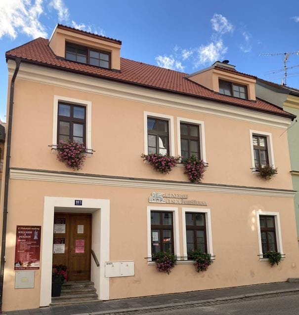 A charming two-story building features a light peach exterior adorned with flower boxes overflowing with vibrant blooms. The entrance is framed by a wooden door, complemented by a clear blue sky above, creating a welcoming atmosphere.