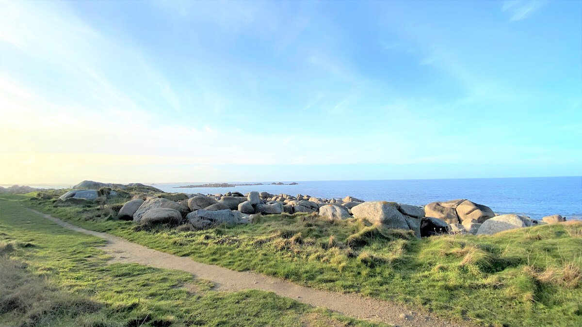 A scenic coastal landscape features large boulders scattered across grassy terrain, leading to a sandy path. The ocean extends into the horizon under a clear blue sky, creating a peaceful atmosphere. Natural elements invite outdoor exploration and appreciation of the seaside view.