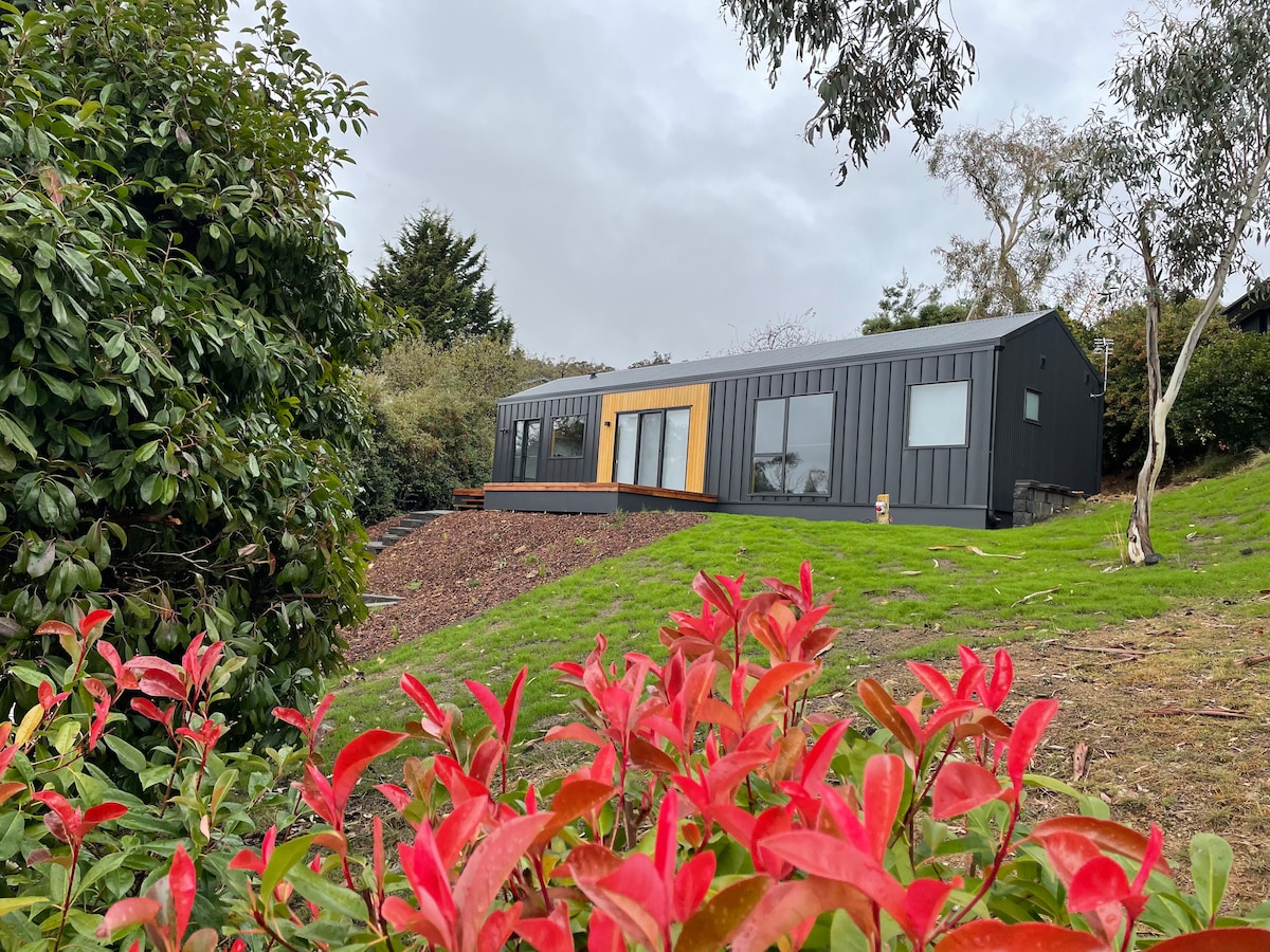 The exterior of the modern black house is framed by vibrant greenery and shrubbery. Large windows provide views of the surrounding landscape, with a gentle slope of grass leading up to the house. A landscaped area features colorful foliage in the foreground.