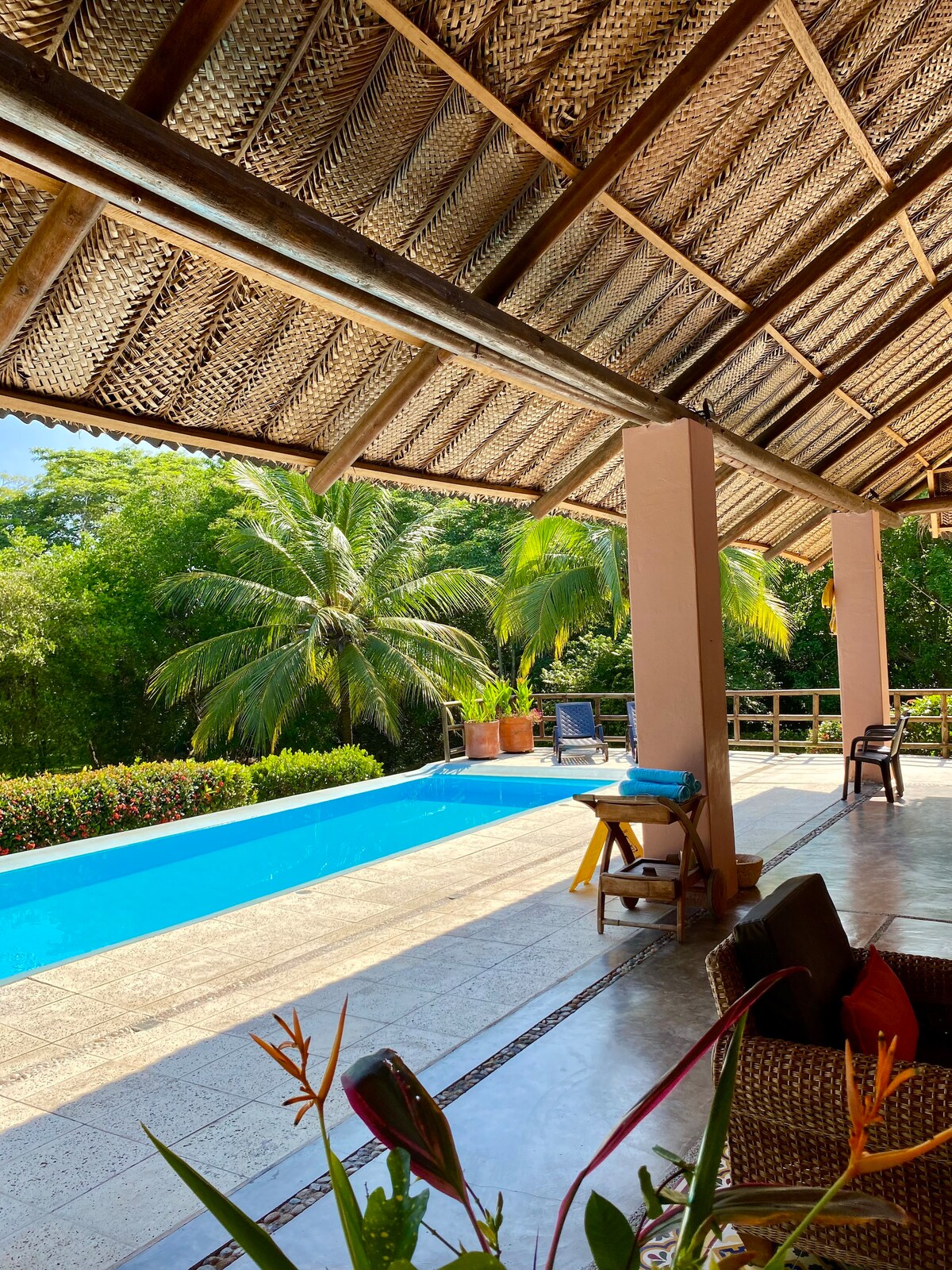 A covered outdoor area is seen overlooking a blue swimming pool surrounded by lush greenery. The thatched roof adds a natural element, while various tropical plants and a few chairs create a relaxing environment for leisure.