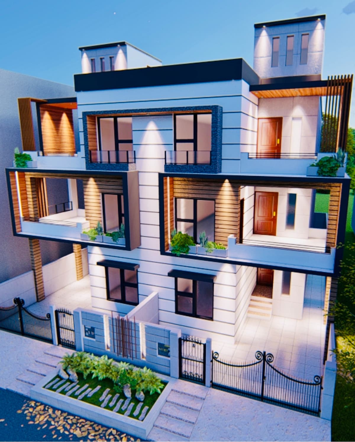 A modern three-story building is presented, featuring multiple balconies with wooden accents. Large windows are prominently displayed, allowing natural light to illuminate the façade. A well-maintained garden with shrubbery is positioned in front, complemented by a decorative wrought iron gate.