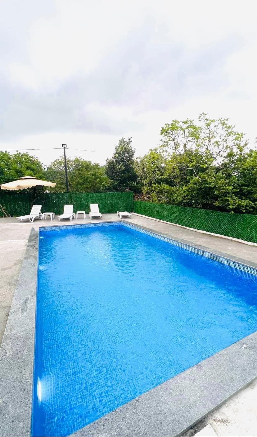 A rectangular swimming pool is surrounded by a paved deck, with several white lounge chairs positioned nearby. Lush greenery and trees create a private and serene atmosphere, while an umbrella offers shaded seating beside the pool.