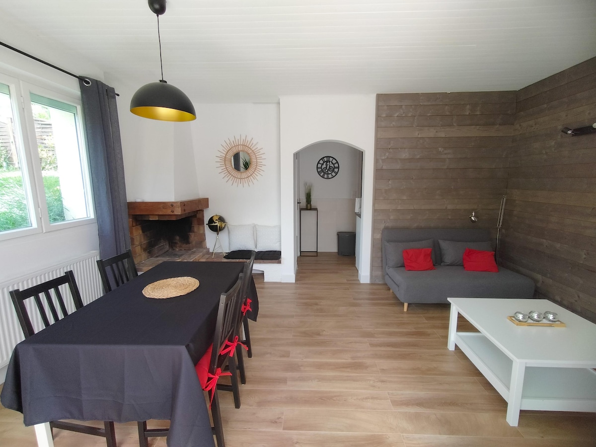 A dining area is presented with a black table surrounded by dark chairs, complemented by a modern light fixture. A gray sofa with red cushions is positioned nearby, alongside a white coffee table. A stone fireplace adds a cozy touch to the space.