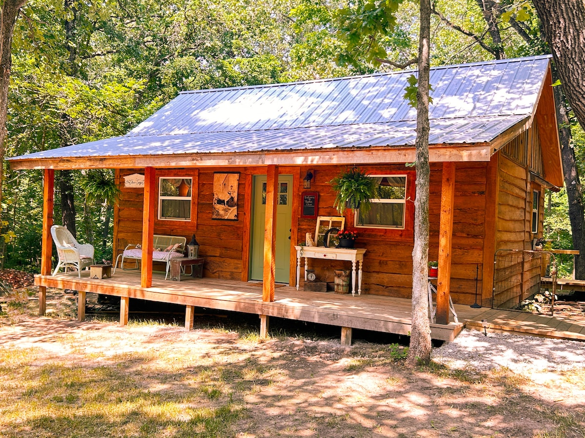 A rustic wooden cabin is set amid lush greenery, featuring a welcoming porch with two chairs and a small table. Large windows allow natural light to fill the interior, while the sloped metal roof complements the natural surroundings.