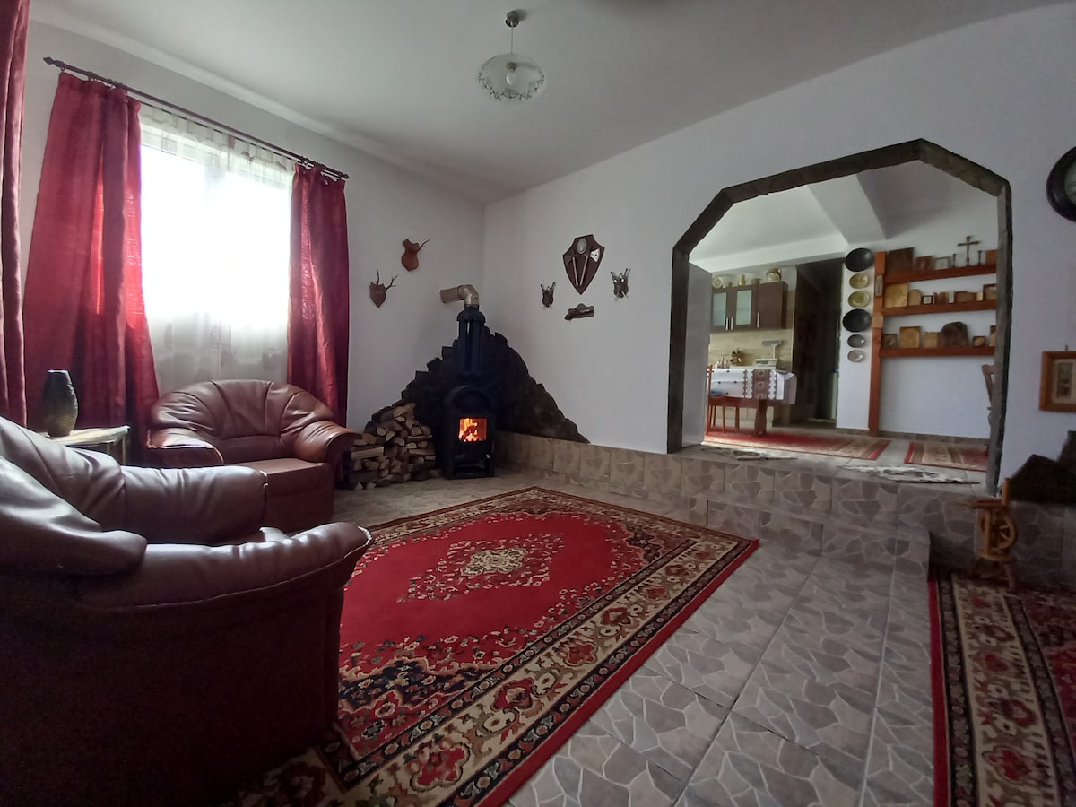 A cozy lounge area features two leather armchairs positioned on a patterned rug. An ornate fireplace is visible, framed by stone, with stacked logs nearby. Soft light enters through sheer curtains, illuminating the warm decor, including wall art and rustic accents.