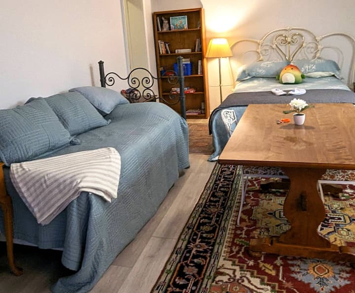 يوفر السرير المزدوج على اليسار مقاعد إضافية مريحة خلال النهار.