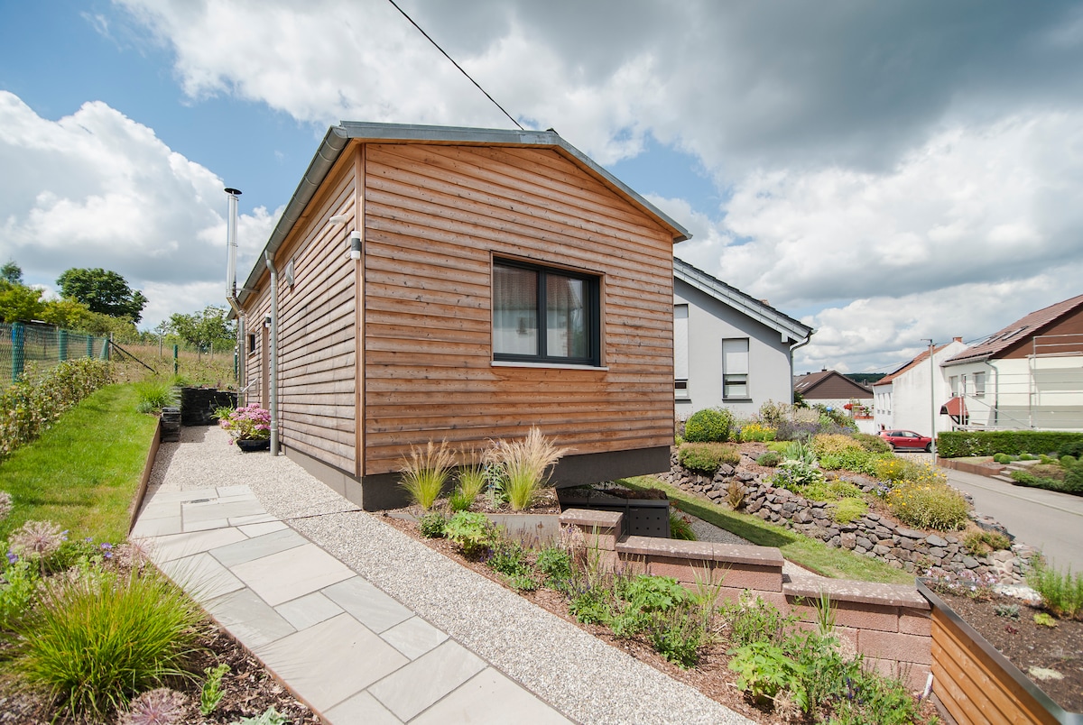 The exterior of the eco-friendly house features natural wood siding, surrounded by a landscaped garden with various plants and shrubs. A stone pathway leads to the entrance, while nearby grassy areas and residential buildings are visible under a partly cloudy sky.