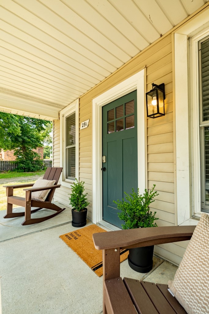The entrance features a welcoming door with a glass panel, flanked by two plants in pots. A small doormat is positioned in front of the door. A wooden rocking chair rests nearby, offering a comfortable spot to relax on the porch.