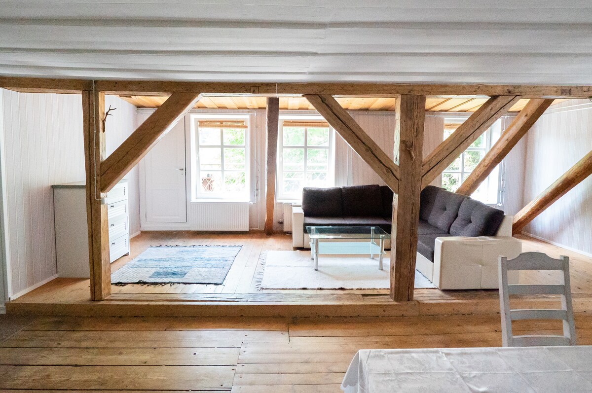An open-plan living area showcases exposed wooden beams that add rustic charm to the space. A comfortable sofa and a glass coffee table sit on a soft area rug, while a dresser and windows provide light and ventilation. The inviting atmosphere encourages relaxation.