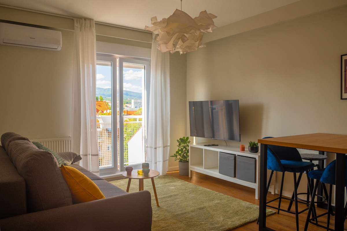 The living area features a comfortable gray sofa adorned with a colorful throw pillow. Natural light fills the space through a pair of glass doors leading to a balcony. A modern television is placed on a sleek white console, complemented by a dining table and chairs nearby.