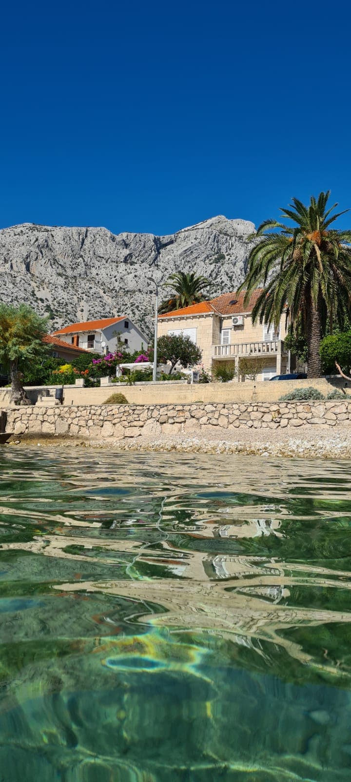 A clear view of a coastal scene is presented, featuring a rocky mountain backdrop and a lush landscape. Notable elements include palm trees and charming stone houses near the water, with reflections of vibrant colors seen in the calm sea.