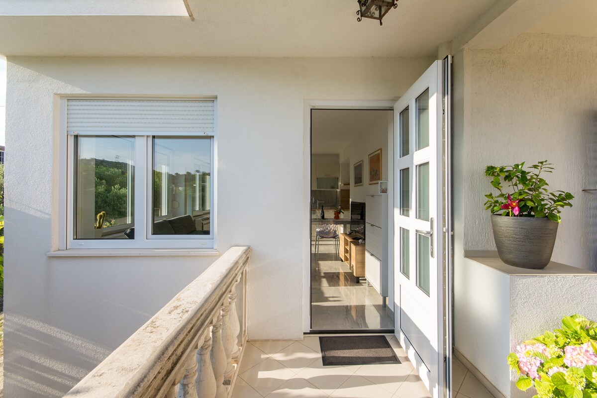 An open entryway leads into the apartment, with strong natural light illuminating the space. A well-kept balcony features a decorative planter. Tall windows offer views of the surrounding area, while a welcoming mat is positioned at the entrance.
