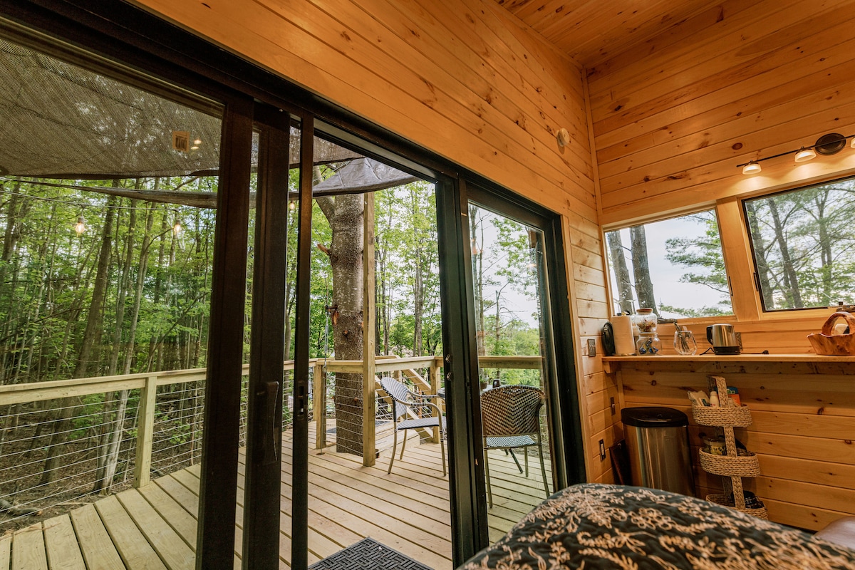 The interior of the treehouse features wooden walls and large sliding glass doors, opening to a spacious deck. A small kitchenette with appliances is visible, alongside a cozy seating area with wicker chairs. Natural light fills the room, highlighting the tree trunks just outside.
