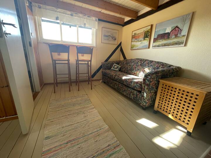 غرفة معيشة بها سرير أريكة ومقعد نافذة بمقعدين وإطلالة على البحر. مدخل إلى الحمام بدش ومغسلة.