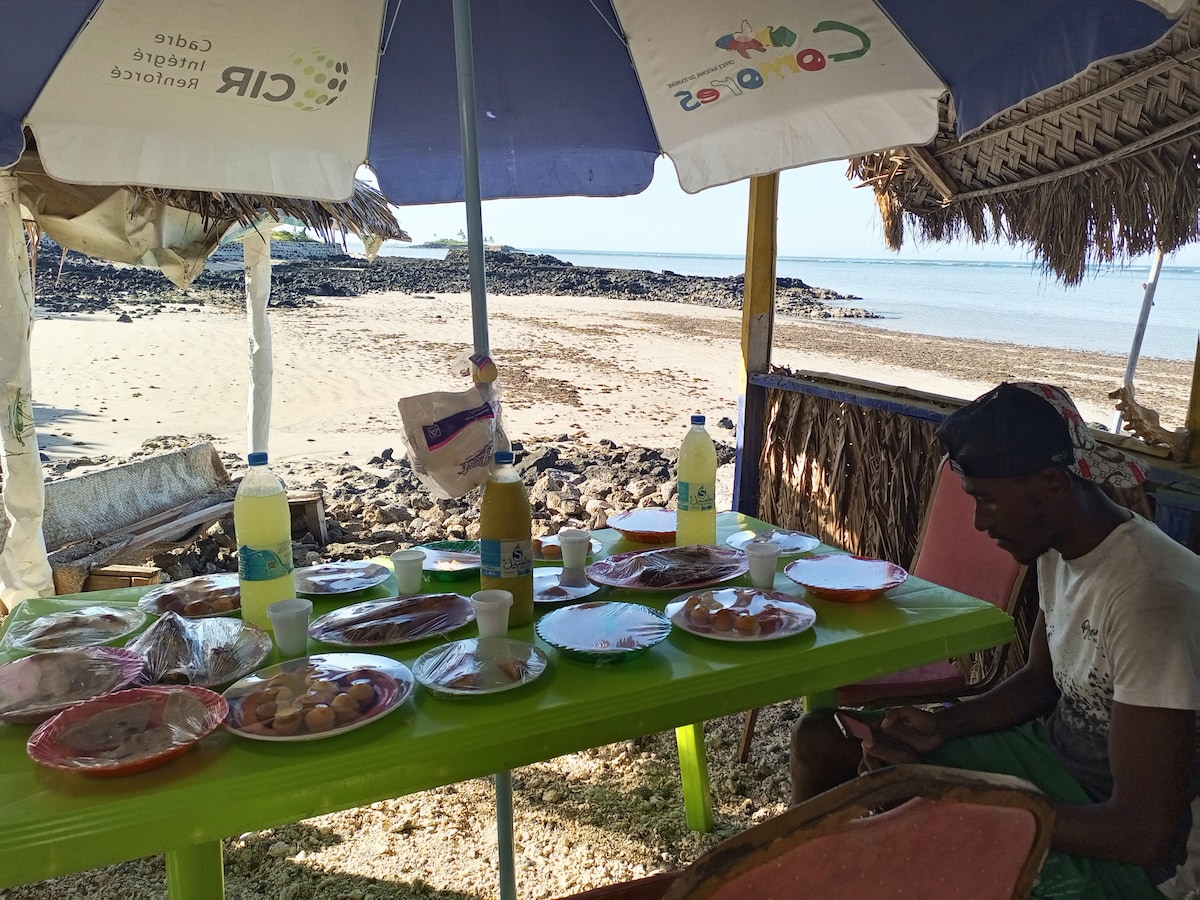 A colorful outdoor dining setup is positioned near a sandy beach. A green table is set with various plates of food and drinks, while a shaded umbrella provides cover. The tranquil shoreline and rocky formations are visible in the background, creating a serene coastal ambiance.