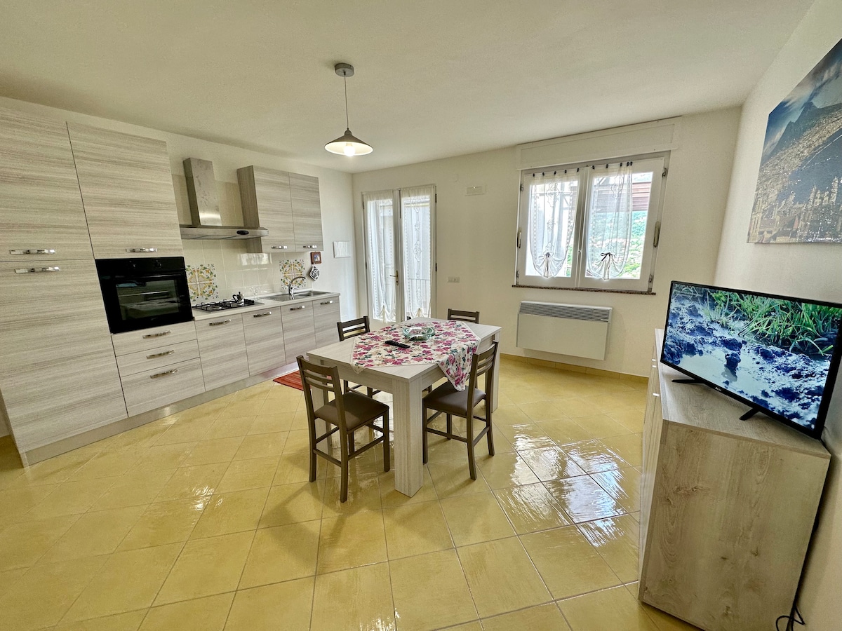 A well-lit kitchen area features modern cabinetry and appliances, including an oven, stovetop, and refrigerator. A dining table with floral tablecloth and four chairs is centered in the room. Large windows allow for natural light, and a television is positioned against a neutral wall.