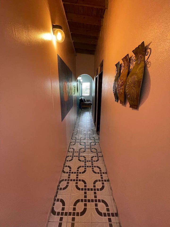 Back door to the bedroom then the living room hallway.