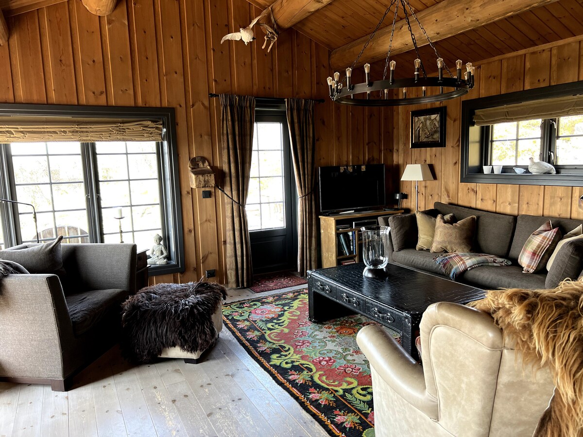A cozy living area features a mix of seating options, including a plush sofa and armchairs. Large windows allow natural light to fill the space, highlighting the wooden interior and rustic decor. A patterned area rug adds warmth, while a chandelier hangs gracefully overhead.